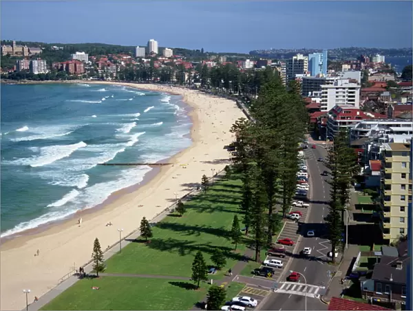 Aerial of the beach and road at Manly, Sydney, New South Wales, Australia, Pacific