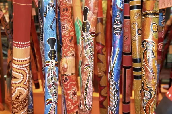 Close-up of hand painted digeridoos for sale in Sydney, New Sout Wales