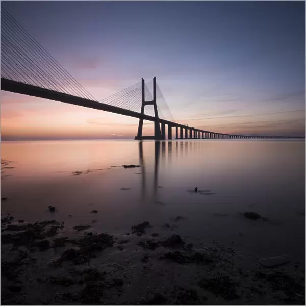 Vasco da Gama Bridge over Rio Tejo (Tagus River) at dawn, Lisbon, Portugal, Europe