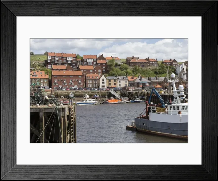 Framed Print : Endeavour Wharf with lobster pots and boats in Upper Harbour, Whitby, North Yorkshire Framed Print : Endeavour Wharf with lobster pots and boats in Upper Harbour, Whitby, North Yorkshire