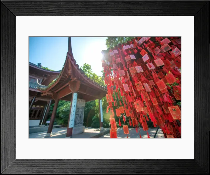 Framed Print : Red wooden traditional Chinese good luck charms and pagoda in background, Hangzhou Framed Print : Red wooden traditional Chinese good luck charms and pagoda in background, Hangzhou