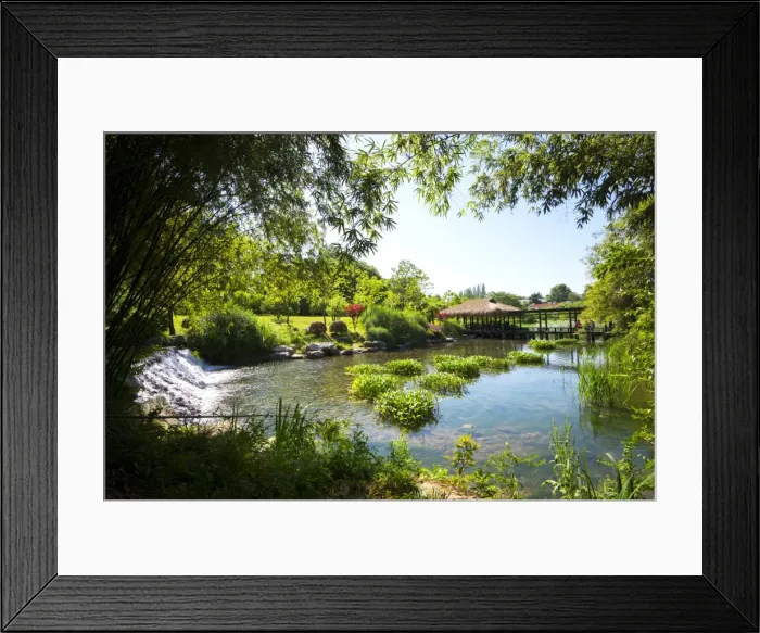 Framed Print : Waterfall, pond, bamboo grove and straw roof hut at West Lake, Hangzhou, Zhejiang Framed Print : Waterfall, pond, bamboo grove and straw roof hut at West Lake, Hangzhou, Zhejiang