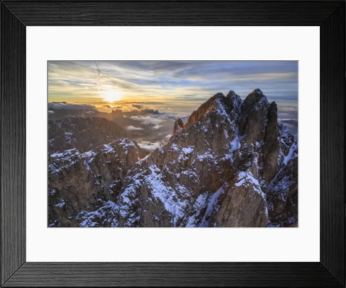 Framed Print : Aerial shot of Sassolungo at sunset, Sella Group, Val Gardena in the Dolomites, Val Funes Framed Print : Aerial shot of Sassolungo at sunset, Sella Group, Val Gardena in the Dolomites, Val Funes