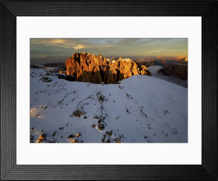 Framed Print : Aerial shot of Sassolungo and Sassopiatto at sunset, Sella Group, Val Gardena in the Dolomites Framed Print : Aerial shot of Sassolungo and Sassopiatto at sunset, Sella Group, Val Gardena in the Dolomites