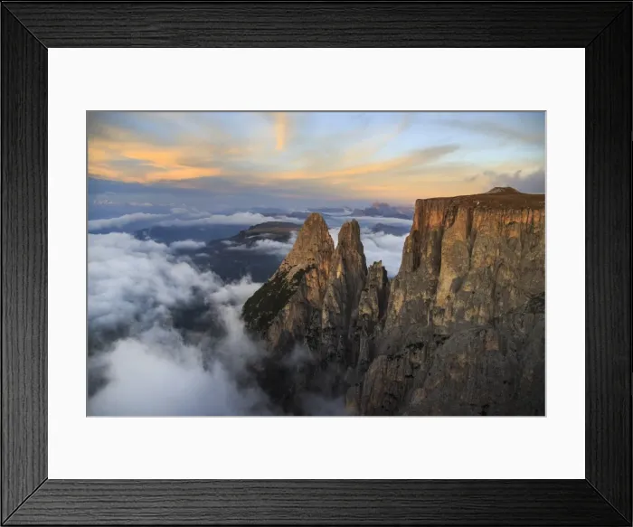 Framed Print : Aerial view of Santner peak at sunset, Sciliar Natural Park, Plateau of Siusi Alp in the Dolomites Framed Print : Aerial view of Santner peak at sunset, Sciliar Natural Park, Plateau of Siusi Alp in the Dolomites