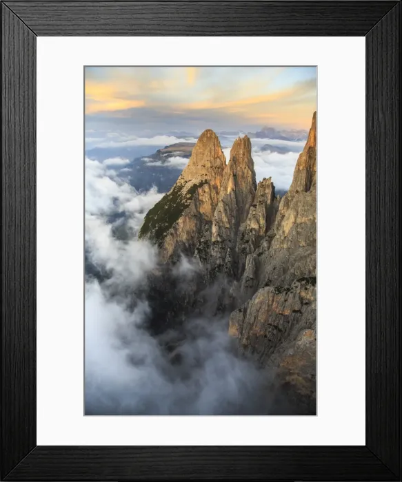 Framed Print : Aerial view of Santner peak at sunset, Sciliar Natural Park, Plateau of Siusi Alp in the Dolomites Framed Print : Aerial view of Santner peak at sunset, Sciliar Natural Park, Plateau of Siusi Alp in the Dolomites