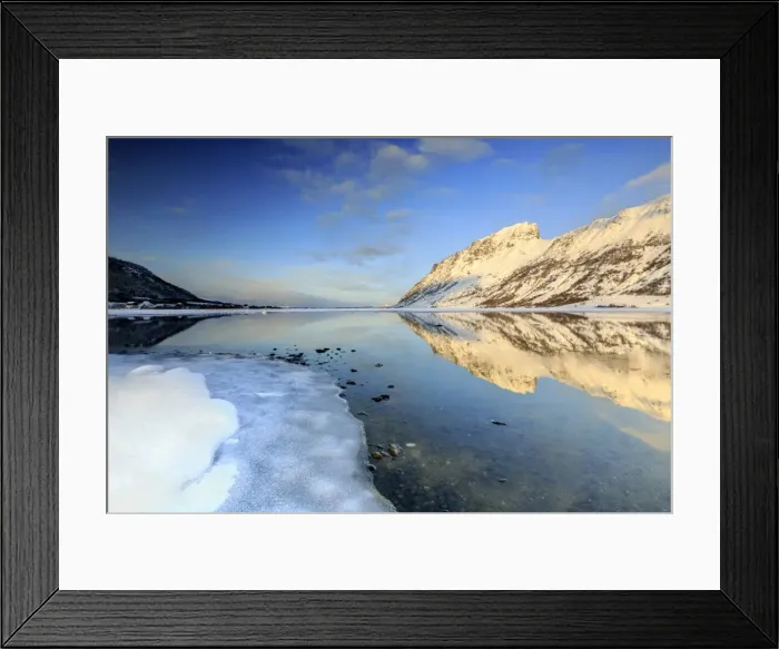 Framed Print : Snow capped mountains reflected in Steiropollen lake at sunrise, Lofoten Islands Framed Print : Snow capped mountains reflected in Steiropollen lake at sunrise, Lofoten Islands