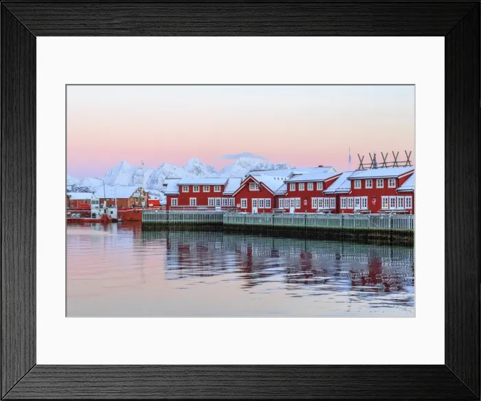 Framed Print : Pink sunset over the typical red houses reflected in the sea, Svolvaer, Lofoten Islands Framed Print : Pink sunset over the typical red houses reflected in the sea, Svolvaer, Lofoten Islands