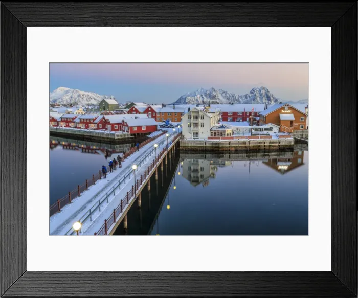 Framed Print : Hikers admire sunset colors on the typical red houses from a deck, Svolvaer, Lofoten Islands Framed Print : Hikers admire sunset colors on the typical red houses from a deck, Svolvaer, Lofoten Islands