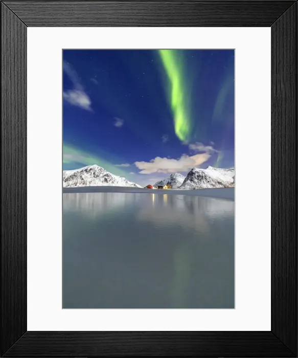 Framed Print : Northern Lights (aurora borealis) reflected in the cold waters, Flakstad, Lofoten Islands Framed Print : Northern Lights (aurora borealis) reflected in the cold waters, Flakstad, Lofoten Islands