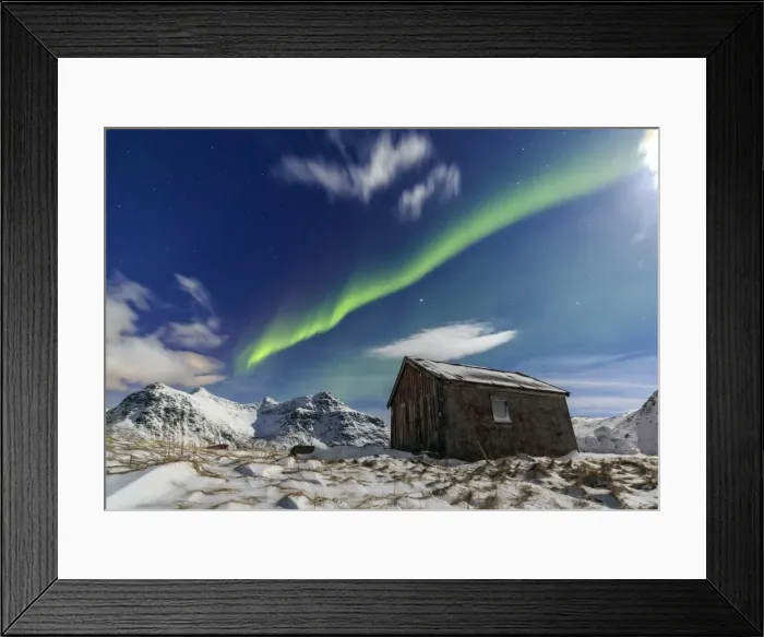 Framed Print : Northern Lights (aurora borealis) over a small wooden house. Flakstad, Lofoten Islands Framed Print : Northern Lights (aurora borealis) over a small wooden house. Flakstad, Lofoten Islands