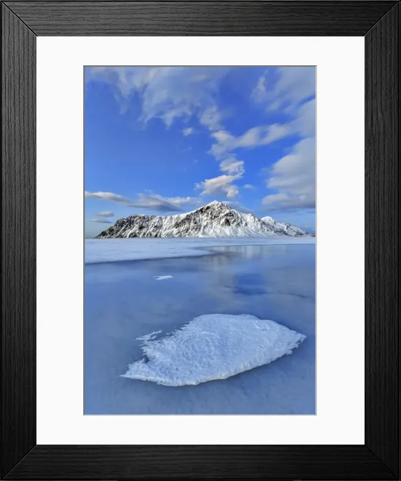 Framed Print : Blue of dusk dominates the scenery in Flakstad with its cold sea and snowy peaks Framed Print : Blue of dusk dominates the scenery in Flakstad with its cold sea and snowy peaks
