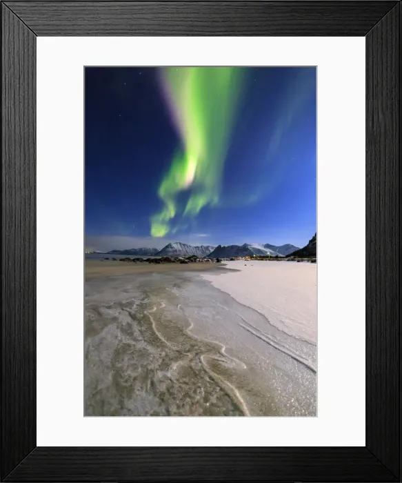 Framed Print : The Northern Lights (aurora borealis) light up the sky and the beach of the cold sea of Gymsoyand Framed Print : The Northern Lights (aurora borealis) light up the sky and the beach of the cold sea of Gymsoyand