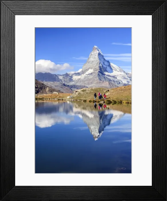 Framed Print : Hikers walking on the path beside the Stellisee with the Matterhorn reflected, Zermatt Framed Print : Hikers walking on the path beside the Stellisee with the Matterhorn reflected, Zermatt