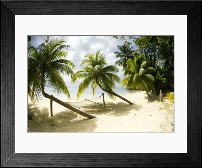 Framed Print : Tropical island beach with hammock at Matangi Island Resort, Vanua Levu, Fiji, Pacific