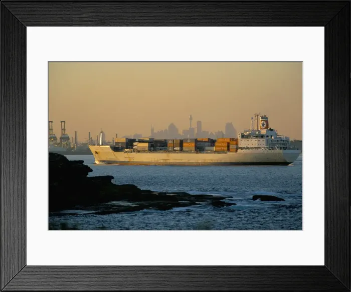 Framed Print : Container ship entering Botany Bay, Sydneys port and landfall site of Captain Cooks Endeavour, Sydney, New South Wales Framed Print : Container ship entering Botany Bay, Sydneys port and landfall site of Captain Cooks Endeavour, Sydney, New South Wales