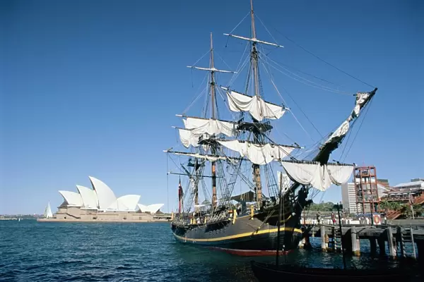 Replica of H. M. S. Bounty and Sydney Opera House, Sydney, New South Wales (N