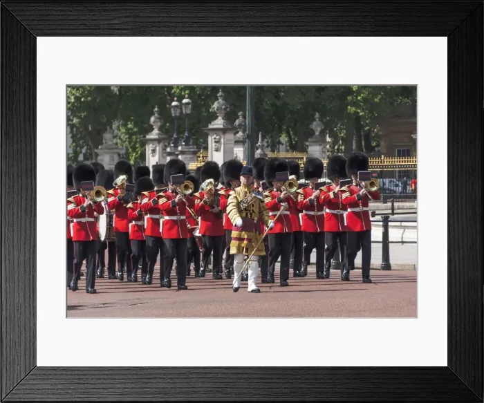 Framed Print : Guards Military Band marching past Buckingham Palace en route to the Trooping of the Colour