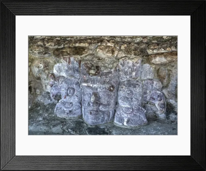 Framed Print : Carved stone masks, Temple of Masks, Edzna, Mayan archaeological site, Campeche, Mexico Framed Print : Carved stone masks, Temple of Masks, Edzna, Mayan archaeological site, Campeche, Mexico