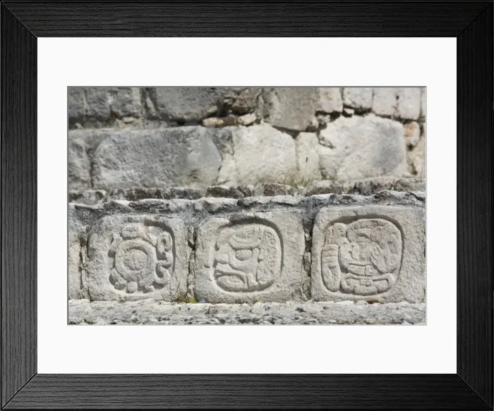 Framed Print : Stone carved Hieroglyphs, Structure of Five Floors (Pisos), Edzna, Mayan archaeological site Framed Print : Stone carved Hieroglyphs, Structure of Five Floors (Pisos), Edzna, Mayan archaeological site