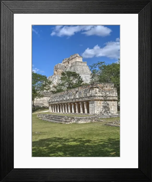 Framed Print : Columns Building in foreground with Pyramid of the Magician beyond, Uxmal, Mayan Framed Print : Columns Building in foreground with Pyramid of the Magician beyond, Uxmal, Mayan
