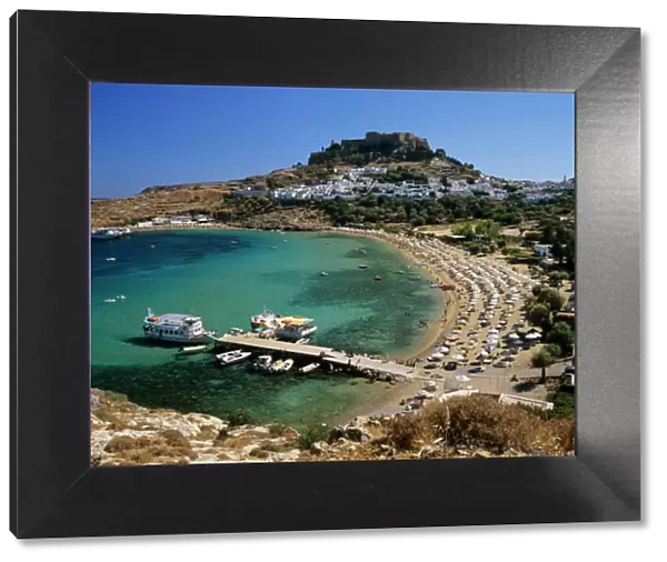 View over beach and castle, Lindos, Rhodes Island, Dodecanese Islands, Greek Islands