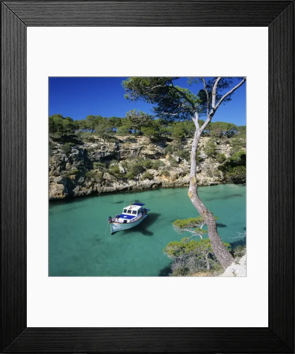 Framed Print : Boat anchored in rocky inlet, Cala Pi, Mallorca, Balearic Islands, Spain, Mediterranean Framed Print : Boat anchored in rocky inlet, Cala Pi, Mallorca, Balearic Islands, Spain, Mediterranean