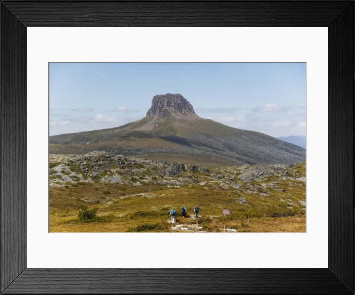 Framed Print : Hikers walking towards Barn Bluff on the overland track in Cradle Mountain Lake St Framed Print : Hikers walking towards Barn Bluff on the overland track in Cradle Mountain Lake St