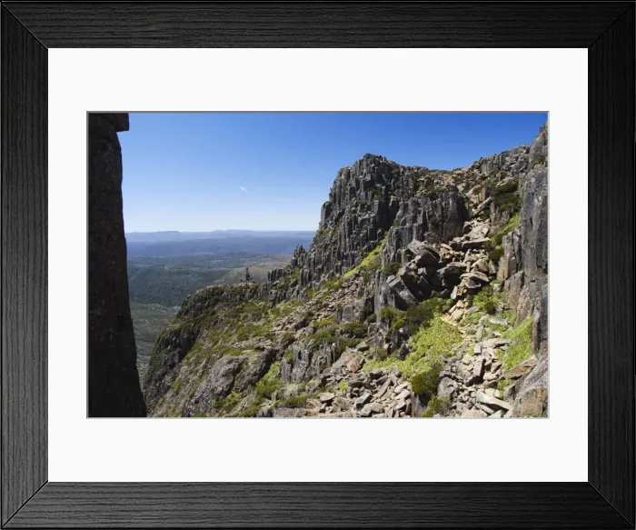 Framed Print : Hiking trail and rocky peaks on Cradle Mountain on the Overland Track, Cradle Mountain Lake St Framed Print : Hiking trail and rocky peaks on Cradle Mountain on the Overland Track, Cradle Mountain Lake St