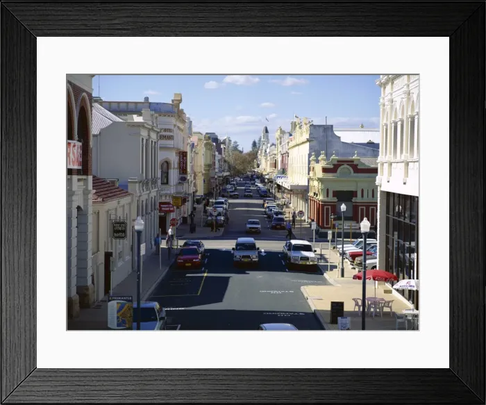 Framed Print : Looking down Main Street towards Town Hall, Fremantle, Western Australia Framed Print : Looking down Main Street towards Town Hall, Fremantle, Western Australia