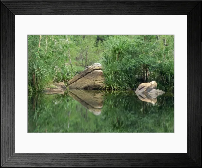 Framed Print : Reflections of rocks and Pandanus species in the waters of Jim Jim Creek in Kakadu National Park Framed Print : Reflections of rocks and Pandanus species in the waters of Jim Jim Creek in Kakadu National Park