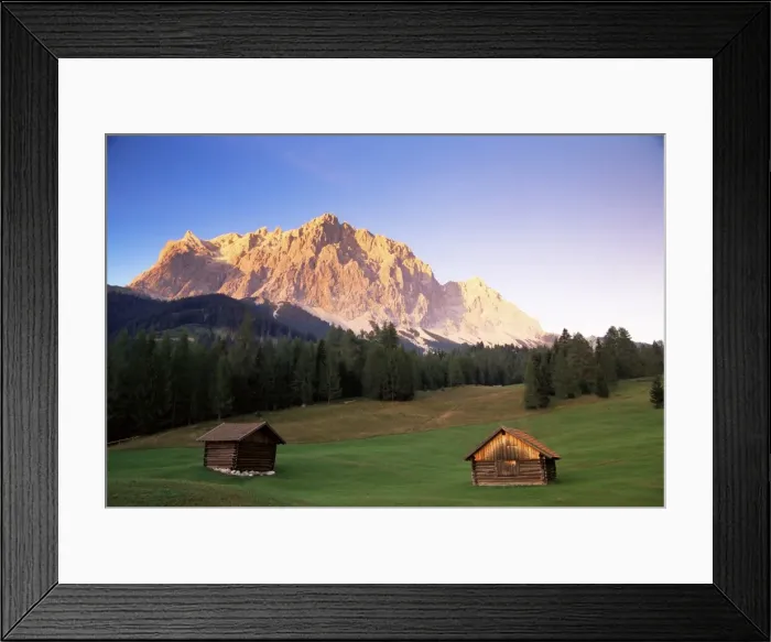 Framed Print : Zugspitze and barns at dusk, Wetterstein, Austrian Alps, Austria, Europe Framed Print : Zugspitze and barns at dusk, Wetterstein, Austrian Alps, Austria, Europe
