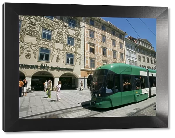 Trams run along Herrengasse, stop at Hauptplatz in main street of old town