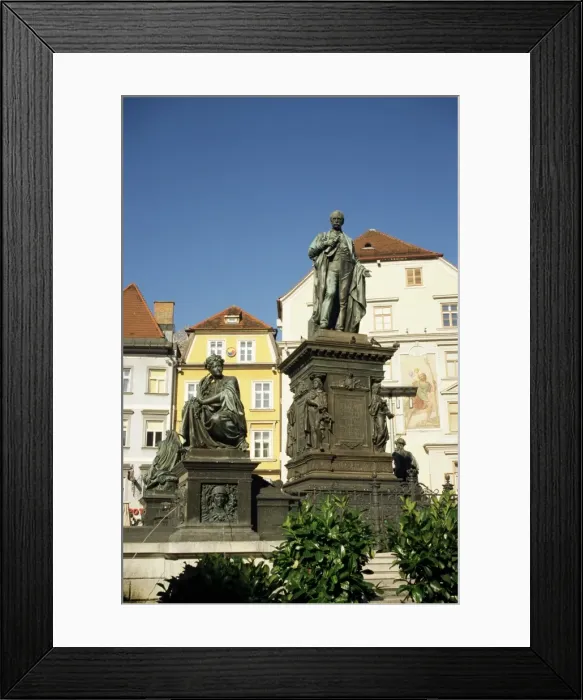 Framed Print : Statue of Archduke Johann, moderniser of Graz, and nymphs at base symbolising Styrias rivers Framed Print : Statue of Archduke Johann, moderniser of Graz, and nymphs at base symbolising Styrias rivers
