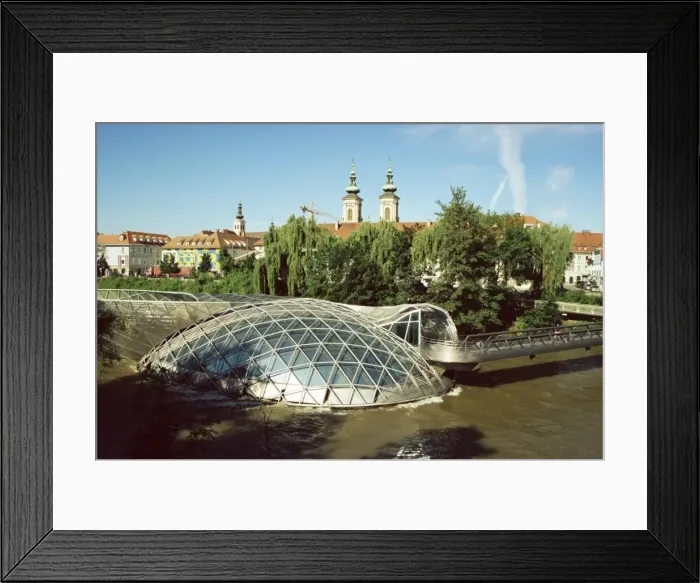 Framed Print : Island in the Mur River (Murinsel), walkways to an Open Mussel Theatre Space - Amphitheatre, architect Vito Acconci, Graz, Styria Framed Print : Island in the Mur River (Murinsel), walkways to an Open Mussel Theatre Space - Amphitheatre, architect Vito Acconci, Graz, Styria