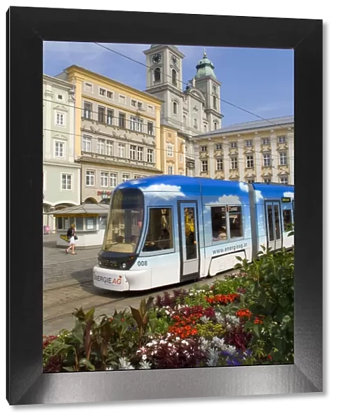 Tram and old cathedral, Hauptplatz, Linz, Austria, Europe