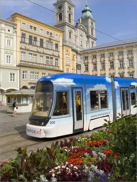 Tram and old cathedral, Hauptplatz, Linz, Austria, Europe