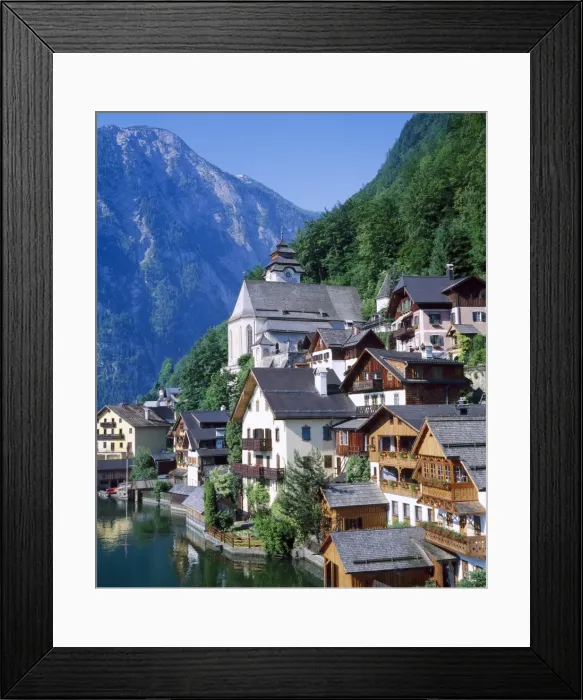 Framed Print : Houses, chalets and the church of the village of Hallstatt in the Salzkammergut Framed Print : Houses, chalets and the church of the village of Hallstatt in the Salzkammergut