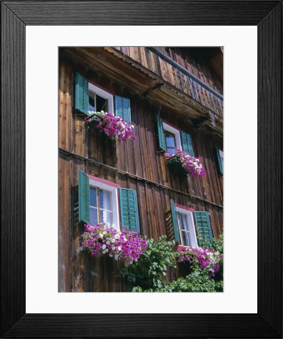 Framed Print : Wooden chalet with flowers, Hallstatt, Austria, Europe Framed Print : Wooden chalet with flowers, Hallstatt, Austria, Europe