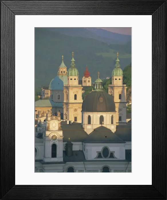 Framed Print : Elevated view of Kollegienkirche and cathedral domes, Salzburg, UNESCO World Heritage Site