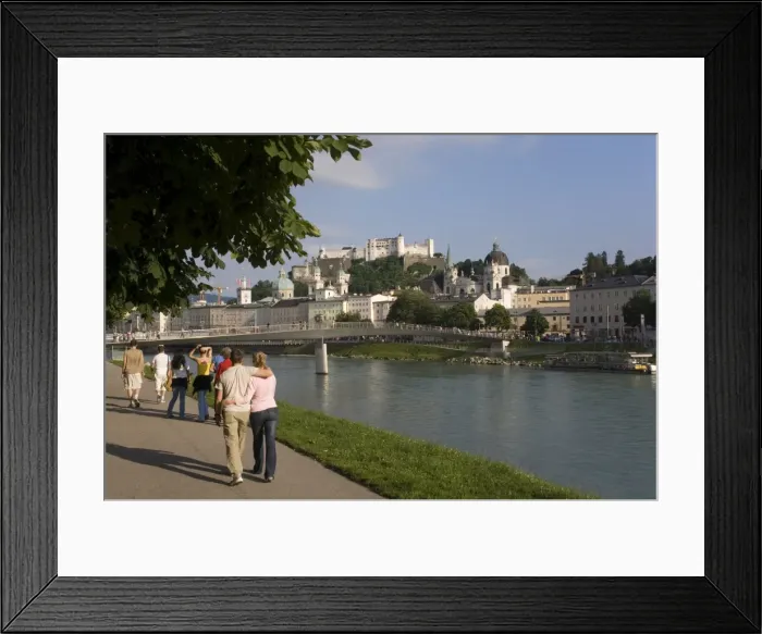 Framed Print : Cityscape with river Salzach and riverside walk, Salzburg, Austria, Europe
