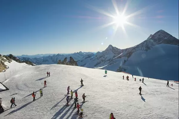 Skiers on Hintertux glacier, Mayrhofen ski resort, Zillertal Valley, Austrian Tyrol