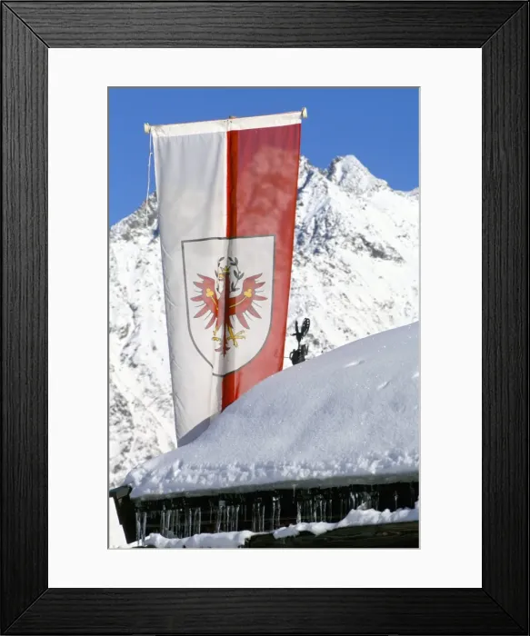Framed Print : Tirolean flag above village of Solden in Tirol Alps, Solden, Tirol, Austria, Europe Framed Print : Tirolean flag above village of Solden in Tirol Alps, Solden, Tirol, Austria, Europe