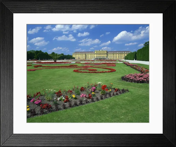 Framed Print : Formal gardens with flower beds in front of the Schonbrunn Palace, UNESCO World Heritage Site Framed Print : Formal gardens with flower beds in front of the Schonbrunn Palace, UNESCO World Heritage Site