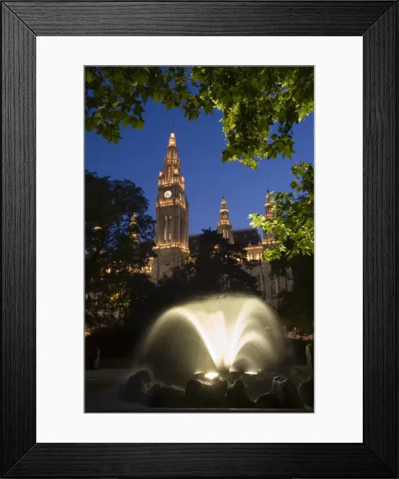 Framed Print : City hall at dusk with fountain in foreground, Vienna, Austria, Europe Framed Print : City hall at dusk with fountain in foreground, Vienna, Austria, Europe