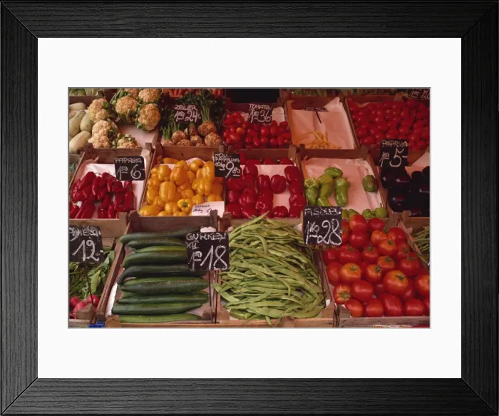 Framed Print : Vegetables including beans, cucumbers and peppers, in wooden boxes in the market in Vienna Framed Print : Vegetables including beans, cucumbers and peppers, in wooden boxes in the market in Vienna