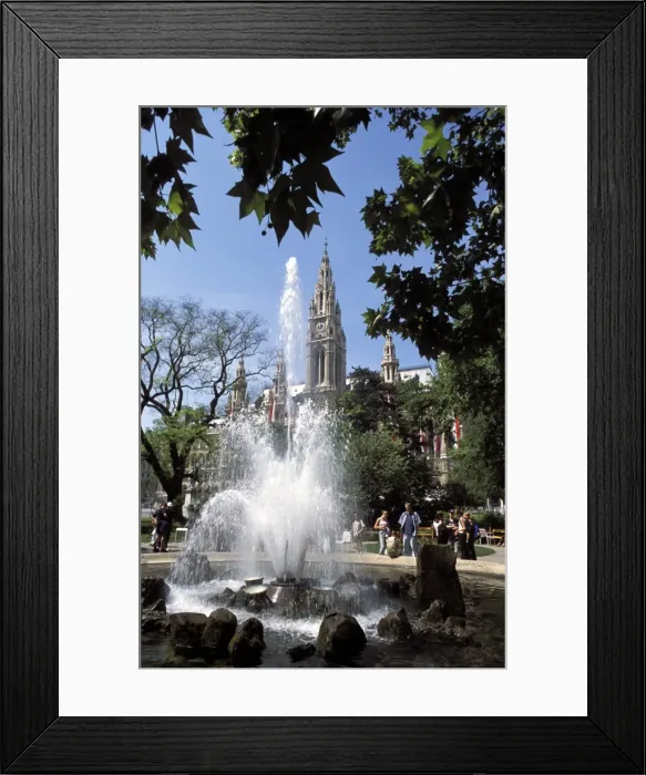 Framed Print : Fountain with water jets and Town Hall, Innere Stadt, Vienna, Austria, Europe Framed Print : Fountain with water jets and Town Hall, Innere Stadt, Vienna, Austria, Europe