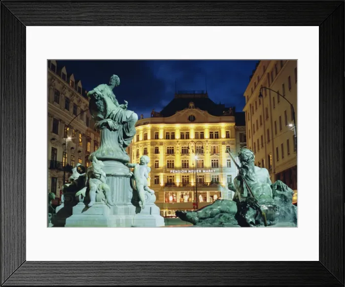 Framed Print : Statues at fountain and Pension Neuer Markt at Neuer Markt Square, Innere Stadt Framed Print : Statues at fountain and Pension Neuer Markt at Neuer Markt Square, Innere Stadt