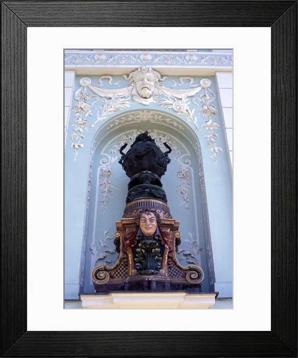 Framed Print : Close-up of a statue in an alcove on the facade of the art nouveau building Framed Print : Close-up of a statue in an alcove on the facade of the art nouveau building