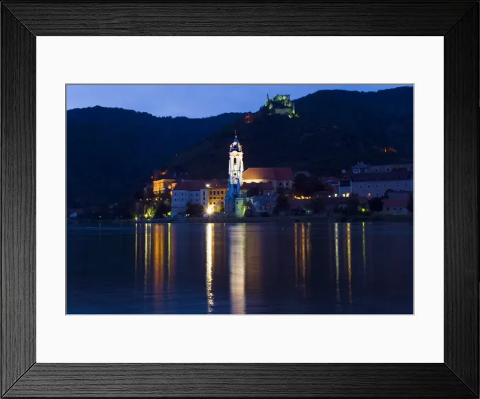 Framed Print : Durnstein, Stiftskirche, Burgruine and River Danube at dusk, Wachau, Austria Framed Print : Durnstein, Stiftskirche, Burgruine and River Danube at dusk, Wachau, Austria